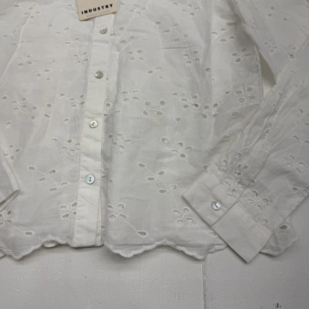Industry Button Up Shirt Womens S White Collared Long Sleeve Floral Eyelet Lace - Picture 2 of 7